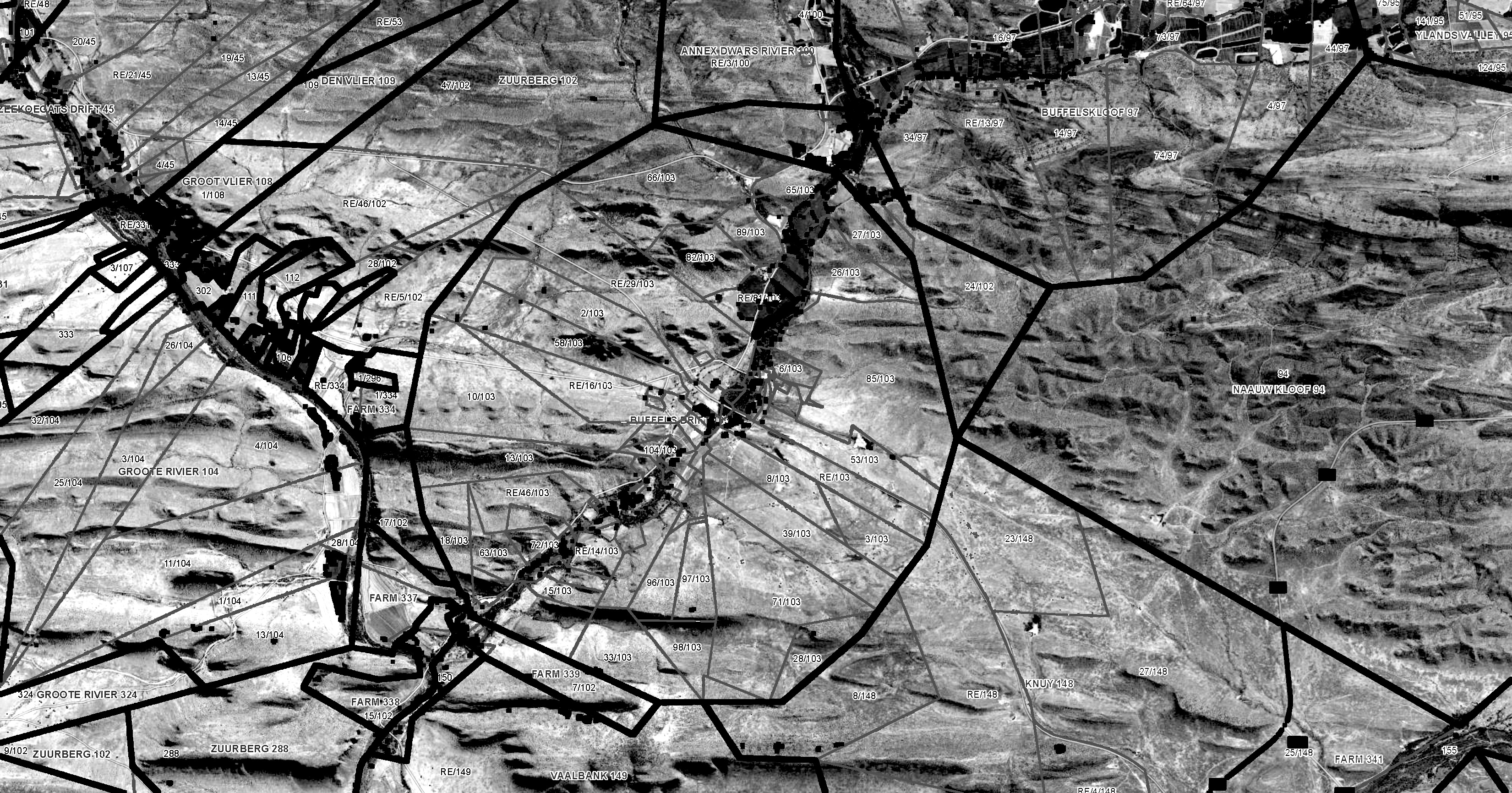 FarmMapper cadastral map — Buffelsdrift, showing the circular VOC loan farm boundary
