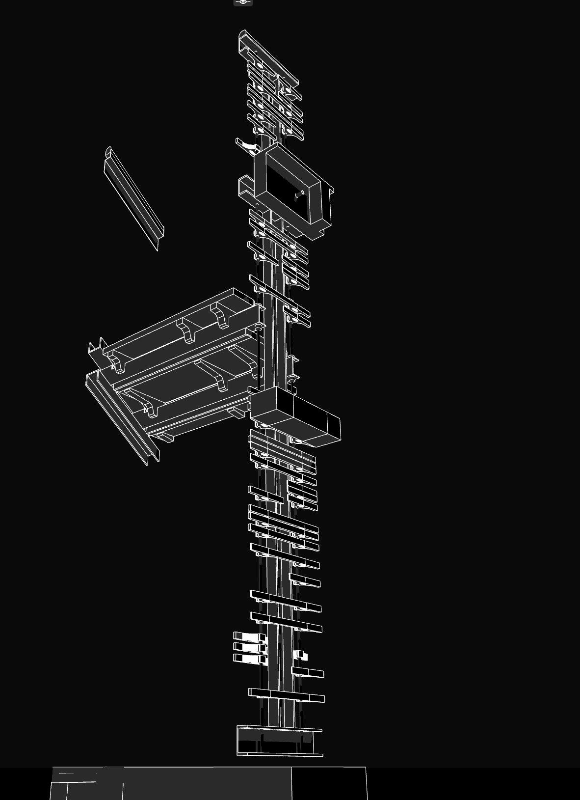 Assembly drawing — folded-plate and oak staircase, full elevation