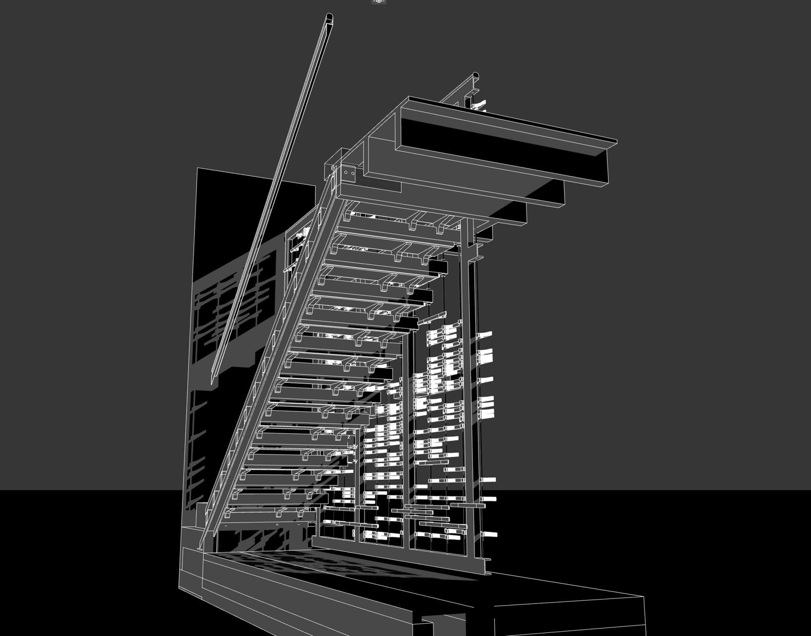 Assembly drawing — stair and oak screen, perspective