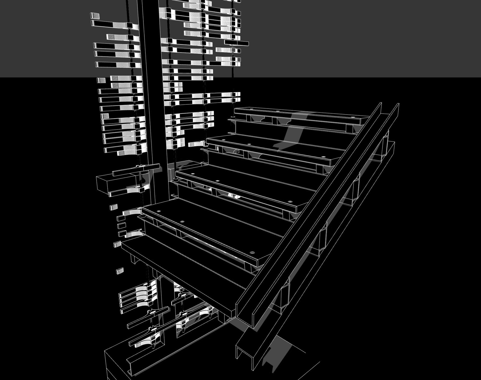 Assembly drawing — oak treads on steel rod, exploded perspective