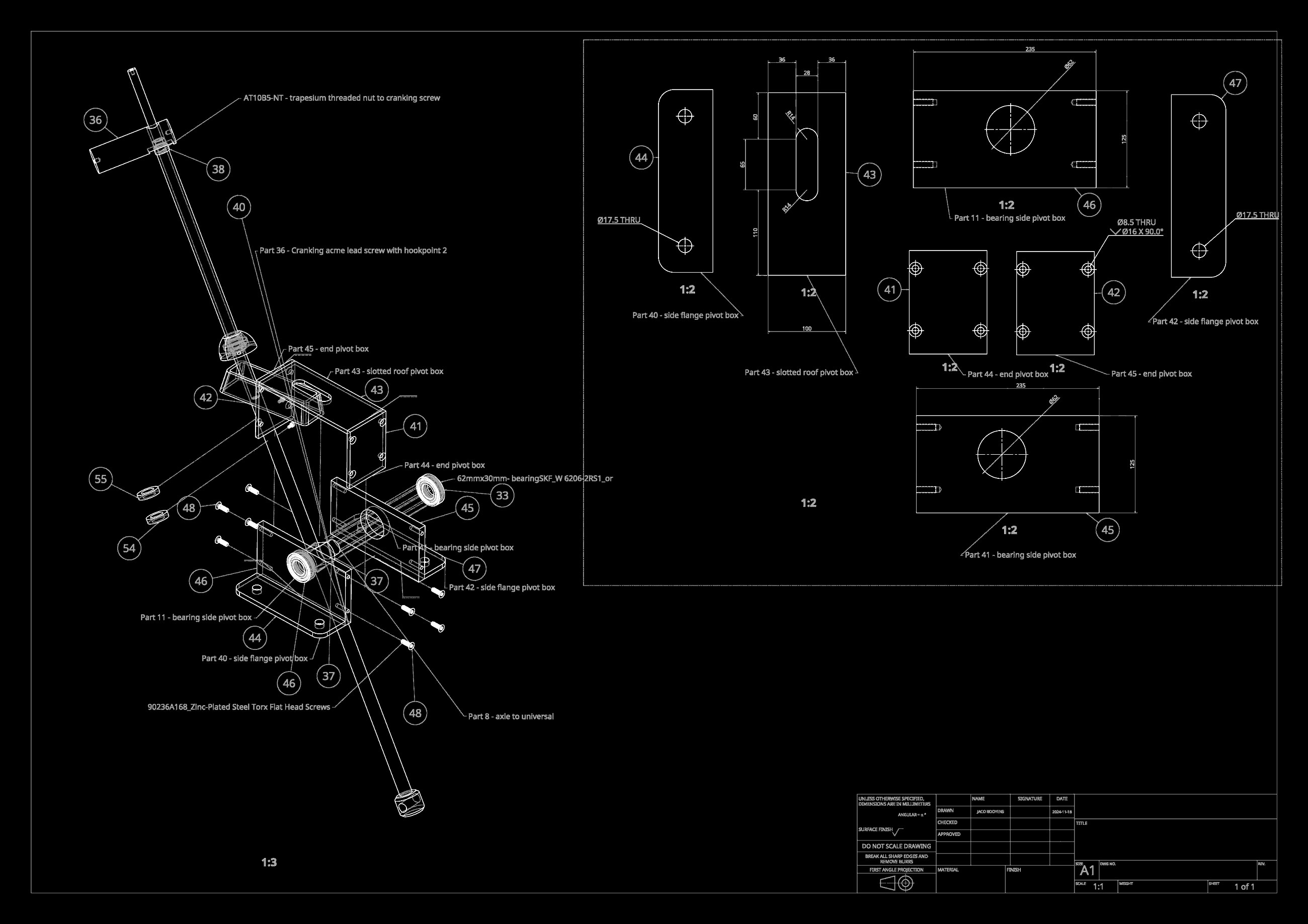 Exploded assembly — acme lead screw, trapezium nut, pivot boxes, SKF bearing