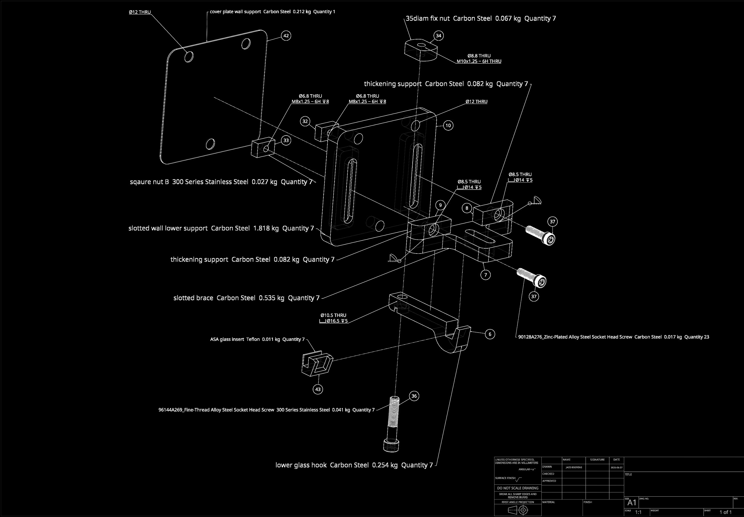 Bottom support — exploded assembly, 3D-printed ASA insert at lower glass hook