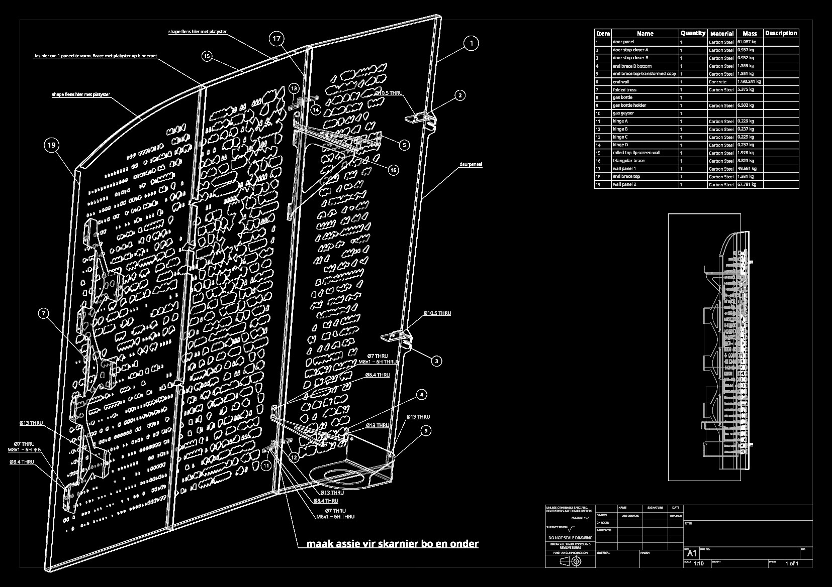 Laser-cut geyser screen — back view drawing