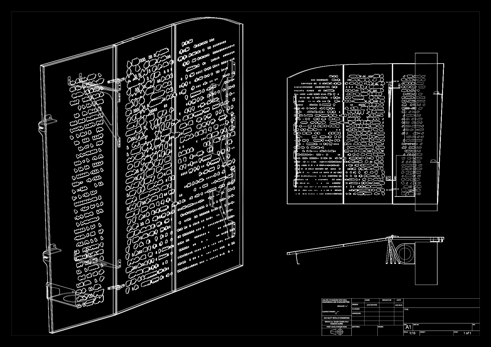 Laser-cut geyser screen — front view drawing