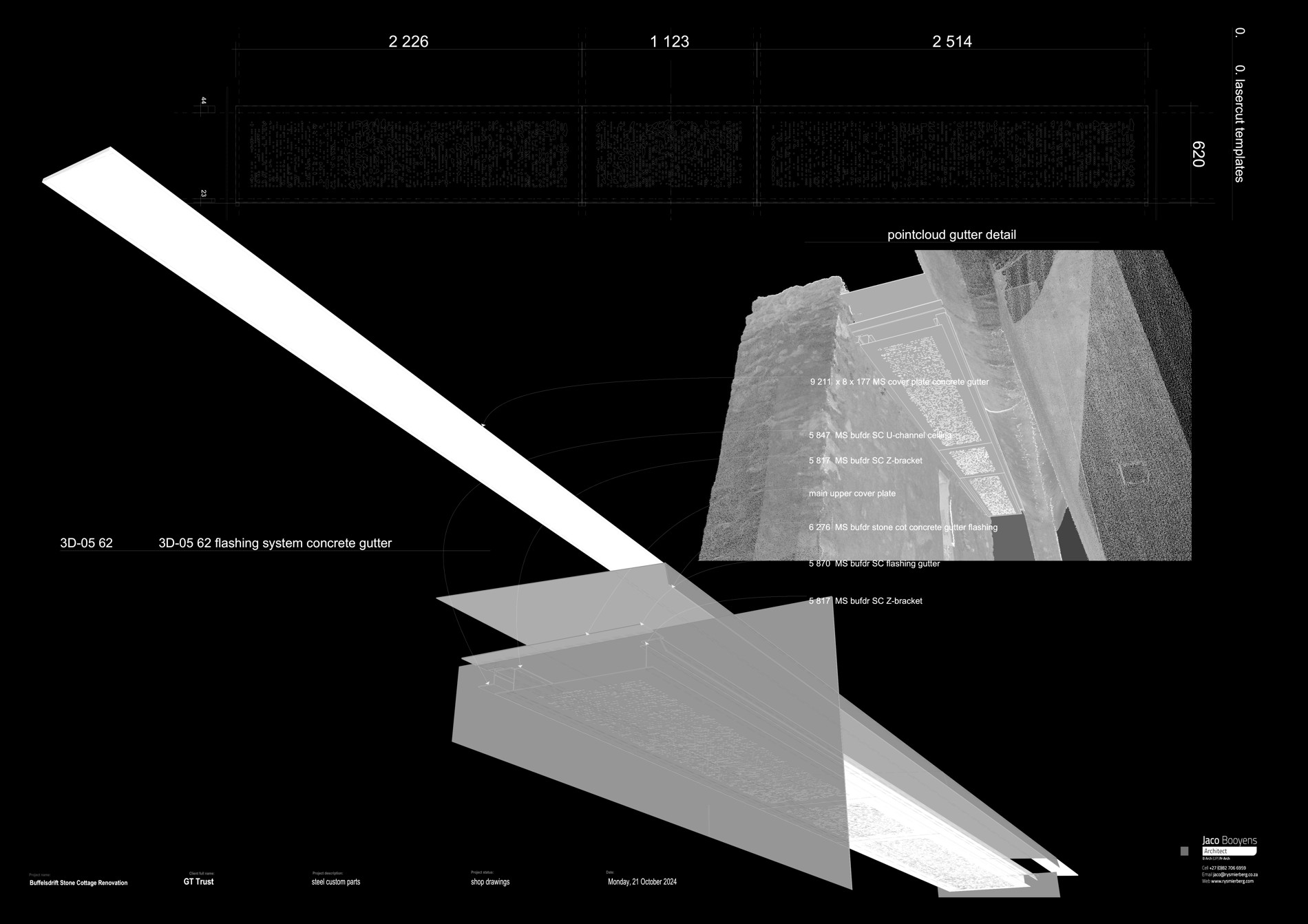Pointcloud ceiling detail — laser-cut templates and U-channel, from the 3D scan