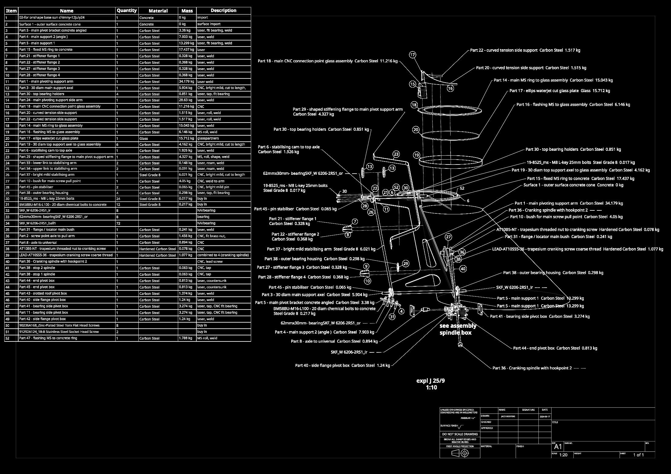 Glass-lifting machine — exploded assembly drawing with parts list